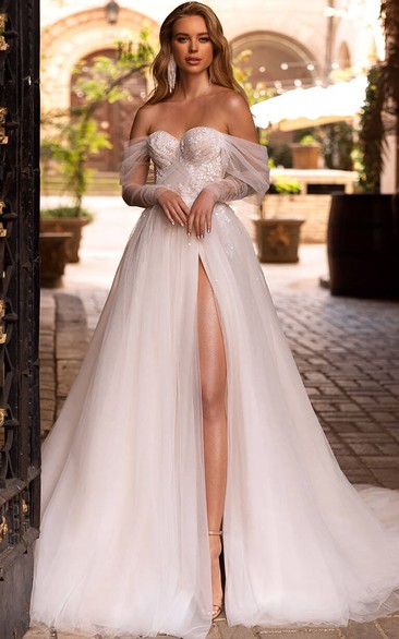 Sweetheart Off-the-shoulder Empire Front Split Tulle Lace Applique Ball Gown Wedding Dress