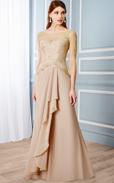 Scoop-neck Illusion 3-4-sleeve Sheath Mother of the Bride Dress With Draping