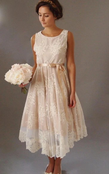 Pleated Tea-Length Sleeveless Vintage-Inspire Lace Blush Gown