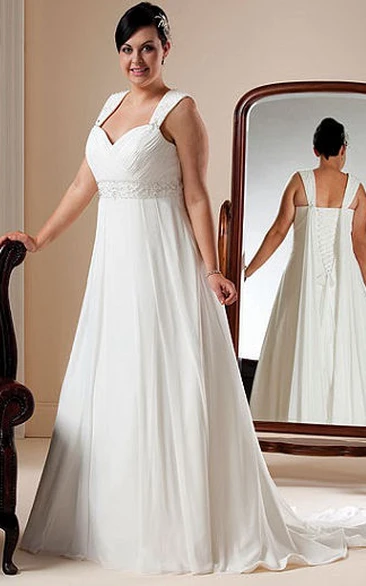 A-line Straps Sleeveless Floor-length Chiffon Wedding Dress with Corset Back and Draping