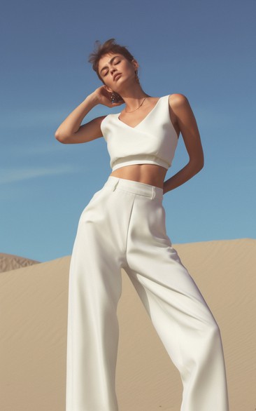 Two Piece Spandex V Neck Floor Length Wide Leg Bridal Jumpsuit