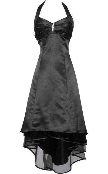 Haltered A-line Satin High-low Dress With Broach