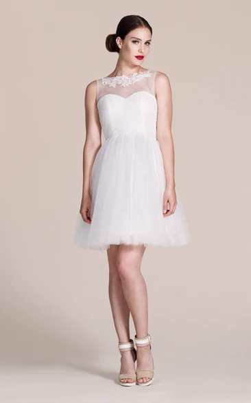 Short Illusion Neckline Tulle A-Line Bridesmaid Dress