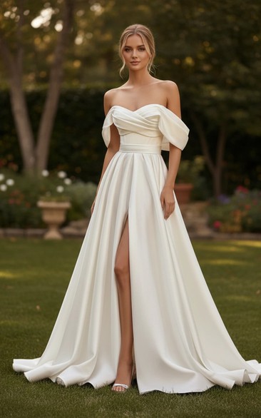 Off-the-Shoulder High-Slit Wedding Dress