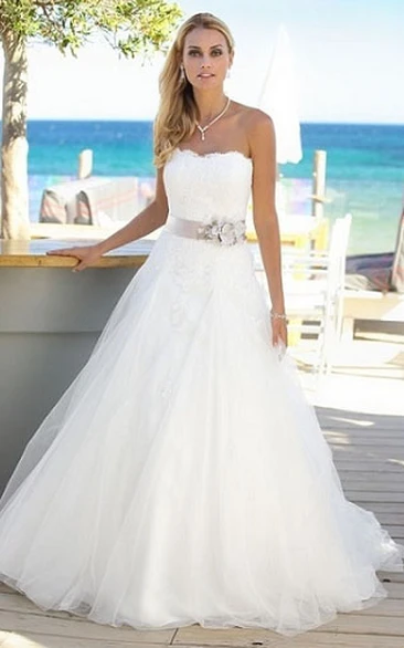 A-line Straight Across Sleeveless Floor-length Tulle Wedding Dress with Sash and Bow