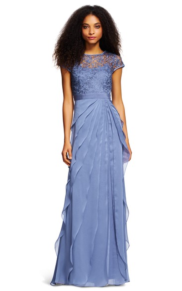 Jewel-Neck Cap-sleeve petaled Dress With Lace