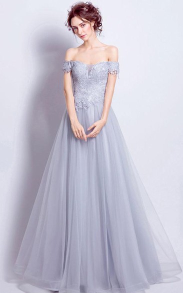 Off-the-shoulder Lace Tulle Sleeveless Floor-length Lace-up Back Formal Dress