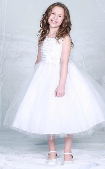 Tiered Bowknot 3-4-Length Tulle Flower Girl Dress