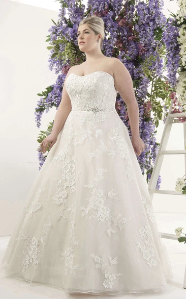 Strapless A-line Appliqued Ball Gown With Jeweled Waist And Court Train