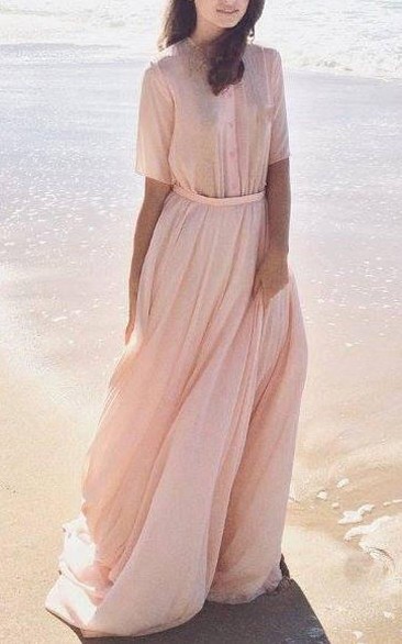 Jewel-Neck Half Sleeve Chiffon Floor-length Dress With Pleats