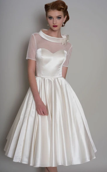 Short Sleeve Illusion Satin A-line Wedding Dress