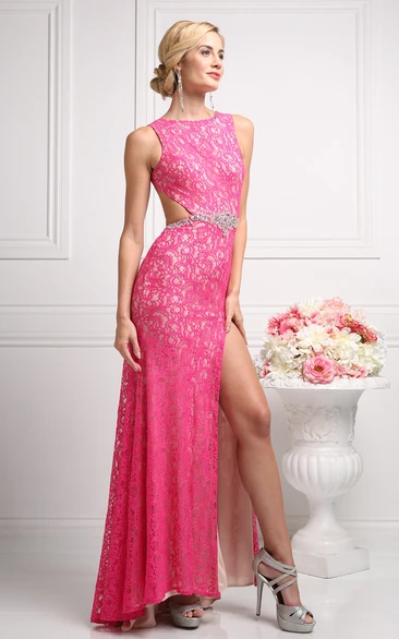 Column Waist Jeweler Split Front Long Jewel-Neck Backless Lace Dress