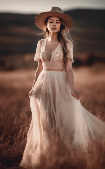 Lace Short-sleeve Boho Country Tulle Pleated Wedding Dress