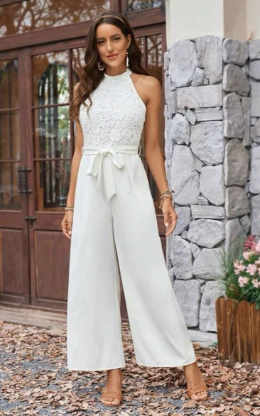 Elegant Halter Long Wide Leg Bridal Jumpsuit with Lace Top and Sash
