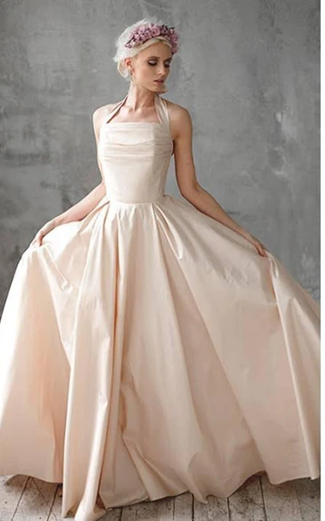 Halter Neck A-Line Taffeta Wedding Dress With Ruching