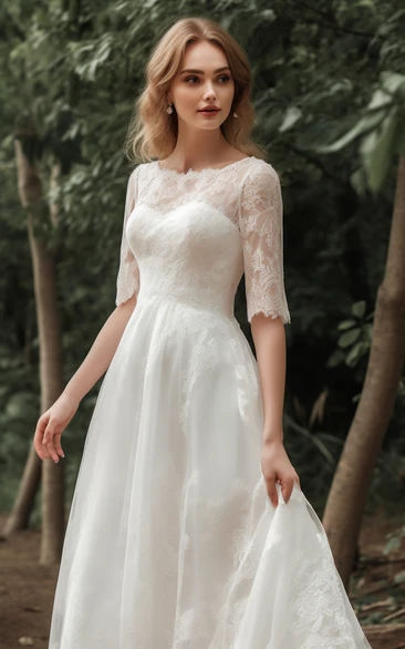 A-line Bateau-neck Half-sleeve Lace Simple Wedding Dress
