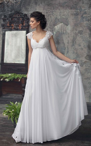 Empire Queen Anne Cap-Sleeve Chiffon Lace Maternity Wedding Dress