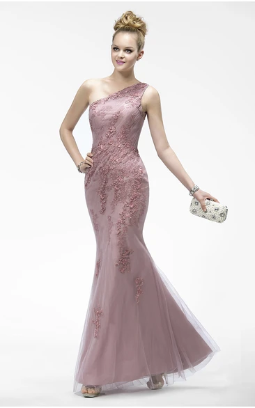 Elegant One Shoulder Sleeveless Mermaid Tulle Dress With Appliques And Zipper