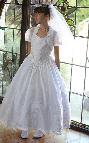 Satin Caped A-line Flower Girl Dress With Appliques