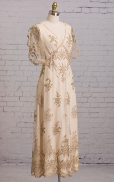 Sheath With Illusion Butterfly Sleeves V Back Goldline Embroidery Brush Train Dress