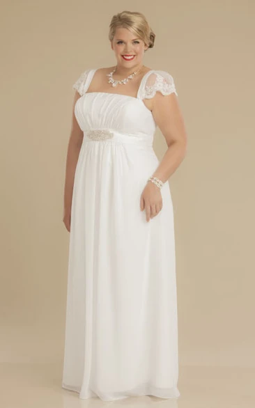 Chiffon Cap-sleeve Empire plus size Wedding Dress With Ruching