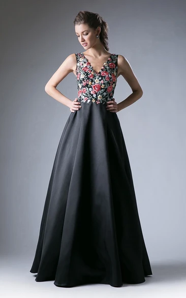 A-line V-neck Sleeveless Floor-length Satin Prom Dress with Low-V Back and Embroidery