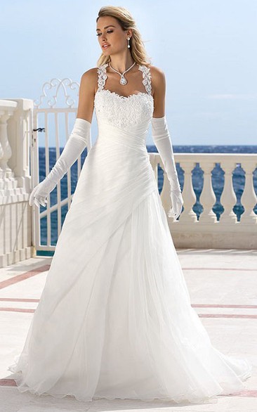 A-line Halter Sleeveless Floor-length Tulle Wedding Dress with Keyhole and Appliques