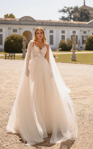 Flowy Spaghetti Tulle Empire A-line Elegant Tulle Wedding Dress