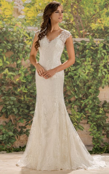 Sheath V-neck Short Sleeve Floor-length Lace Wedding Dress with Illusion and Buttons