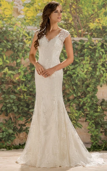 Sheath V-neck Short Sleeve Floor-length Lace Wedding Dress with Illusion and Buttons