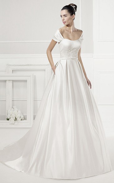 A-line Square Short Sleeve Floor-length Satin Wedding Dress with Ribbon