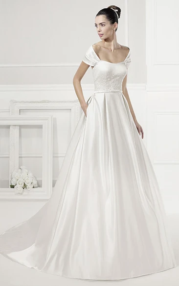 A-line Square Short Sleeve Floor-length Satin Wedding Dress with Ribbon