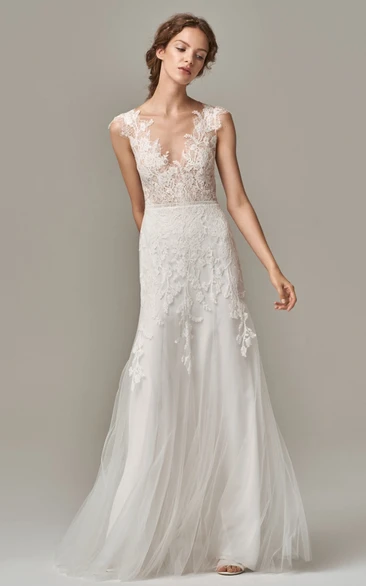 Elegant Sleeveless Sheath Lace Tulle V-neck Wedding Dress with Appliques and V Back