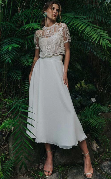 Vintage Two Piece Short-sleeve Tea-length Chiffon Wedding Dress with Lace Top