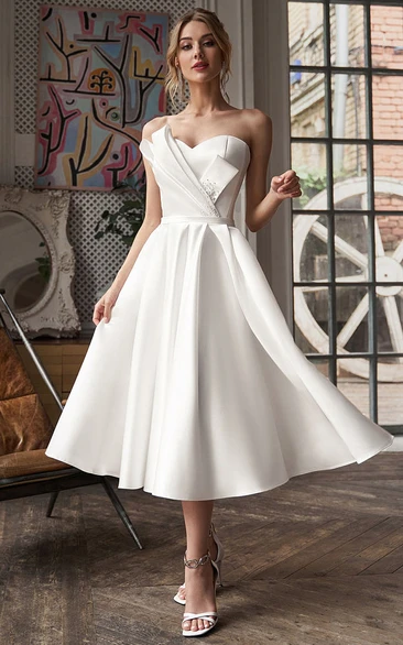 Sweetheart Tea-length Satin Lace Applique Beaded Wedding Dress