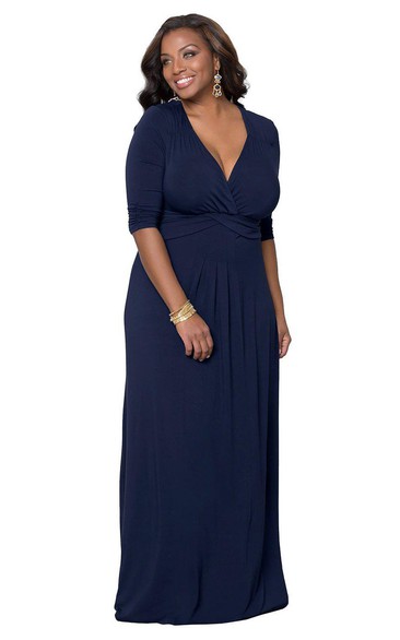 Jersey Long-Sleeve Long Plunging-Neck Gown
