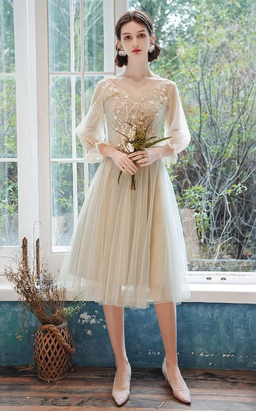 Bateau Halter Off-the-shoulder Tulle Knee-length Homecoming Dress With Appliques