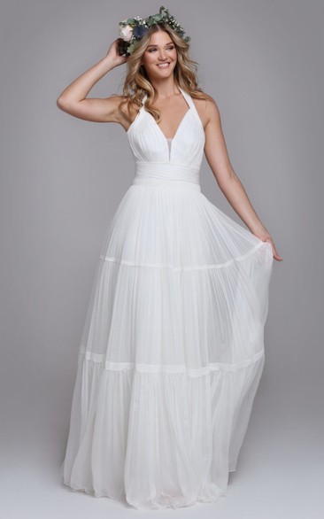 Elegant Tulle A Line Halter Brush Train Wedding Dress with Ruching
