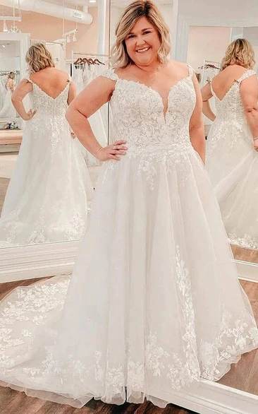 Plus Size Queen Anne Empire A-line Lace Wedding Dress with Low-v Back