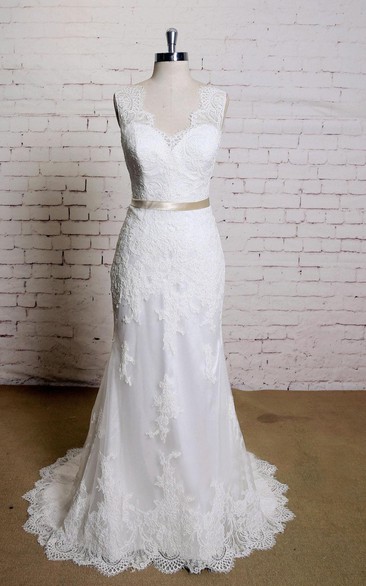 Lace Satin Sash Bridal Sleeveless V-Neckline Mermaid Dress