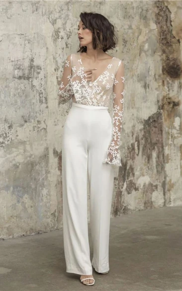 Ilusion Long Sleeve V Neck Chiffon Wedding Pantsuit with Appliques