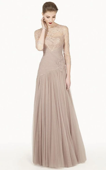 A-line Jewel 3/4 Length Sleeves Floor-length Tulle Mother of the Bride Dress with Ruching and Flower
