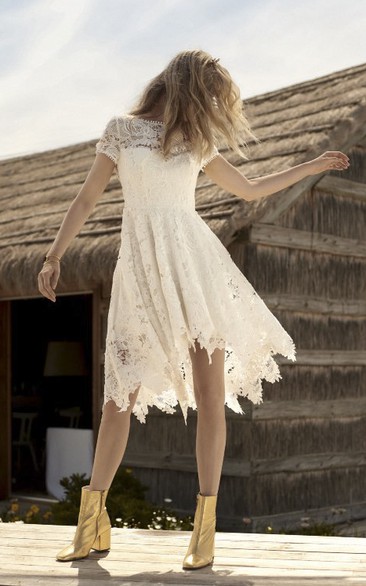 Country Informal Knee-length Short Sleeve Wedding Dress With Illusion Lace Details