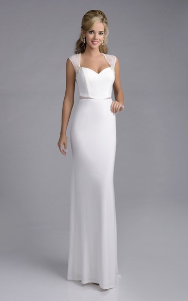 Sheath Queen Anne Sleeveless Floor-length Jersey Wedding Dress with Illusion and Buttons