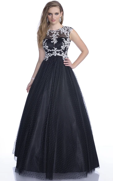 A-line High Neck Sleeveless Floor-length Tulle Prom Dress with Illusion and Appliques