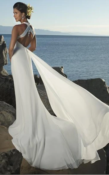 V-Neckline Beach High-Waist Column Bridal Chiffon Dress
