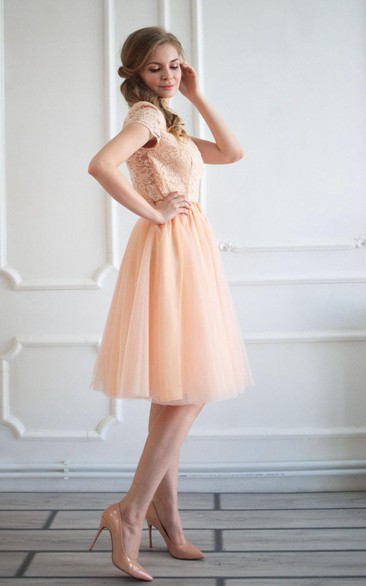 Bateau Short Sleeve A-line Tulle Dress With Lace top And Low-V Back