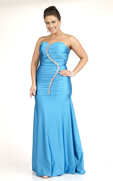 Sweetheart Ruched long Satin plus size Dress With Beading And Zipper