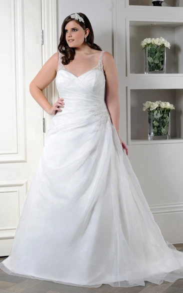 Strapped A-line side-draped Satin plus size wedding dress With Beading