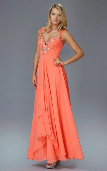 A-line Queen Anne Sleeveless Ankle-length Chiffon Prom Dress with Keyhole and Draping